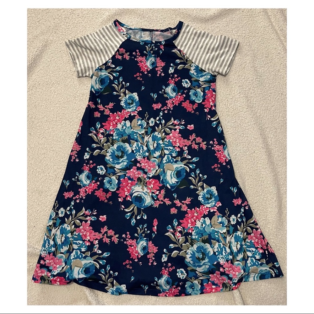 womens floral t shirt dress striped short sleeve a line shift dress Size Large - Picture 6 of 7
